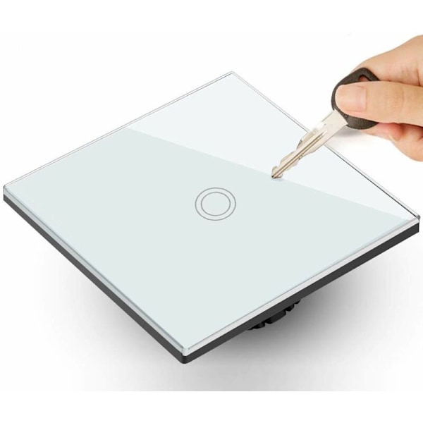 Enkel vit taktil glasbrytare med rund knapp, dimensioner 86x86mm med knappbelysning