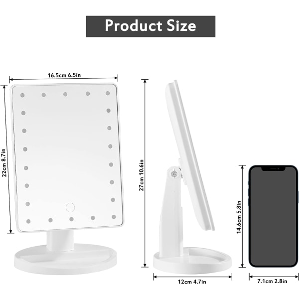 Lighted Mirror, 10X Magnifying LED Makeup Mirror, LED Mirror, USB og Batteri Opladning, 180° Makeup Mirror, Lighted Magnifying Mirror for Makeup, Sh