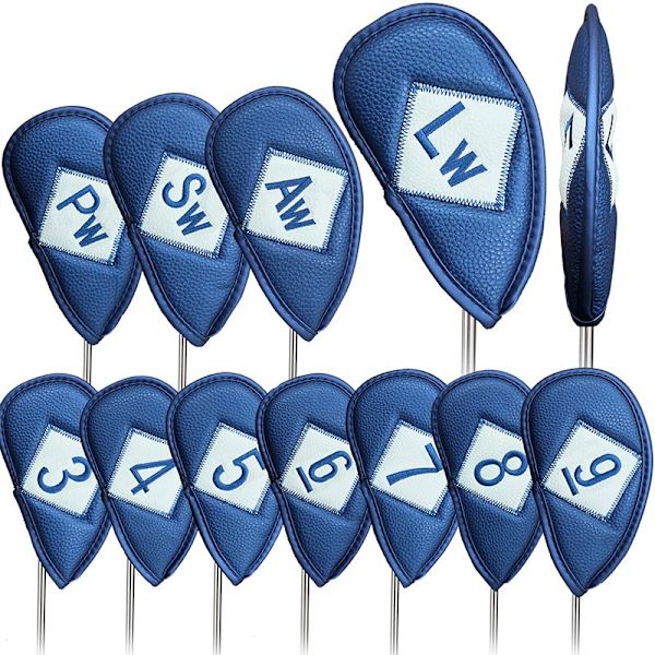 Blå-Golfklubbsöverdrag Järn Huvudskydd 12-pack Lyxigt PU-läder Golfklubbsöverdrag Set med Enskilt Nummer för Män och Kvinnor