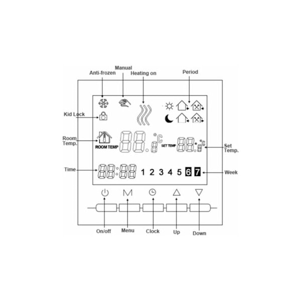 Digital varmetermostat, 2-leder tilkobling, med 6 arbeidsdags- og 2 helgeprogrammeringer