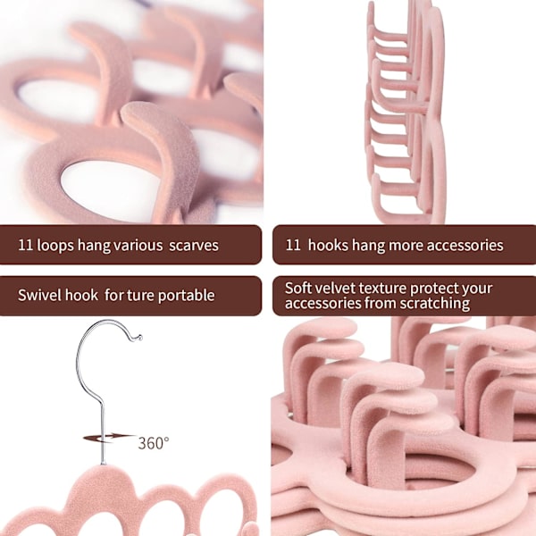 Sammetshängare för halsdukar, halsduksorganisatör, flockad sammetsfinish, halsdukshållare med 11 öglor och krokar rosa, 2-pack