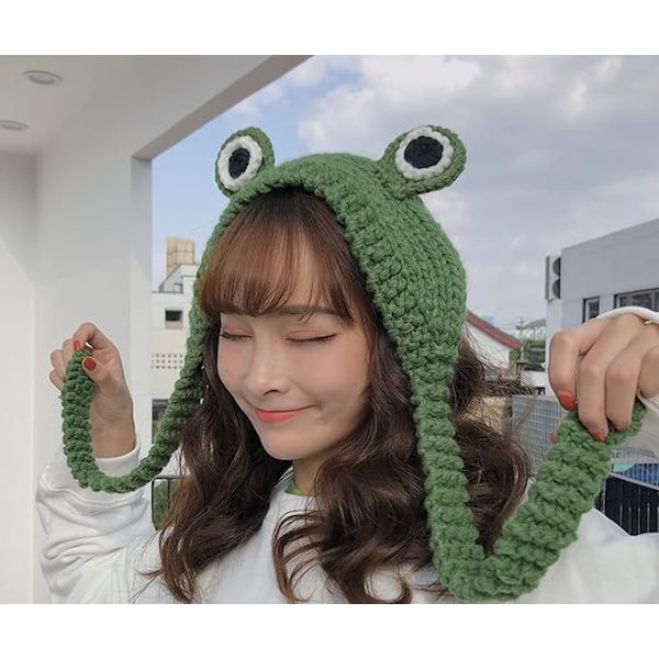 Hattu Nauha 3D Silmät Eläin Pääpanta - Vihreä Villa Neulo Frog Hat Teini-Ikäisille Lapsille Aikuisille - Pysy Lämpimänä Ja Söpönä