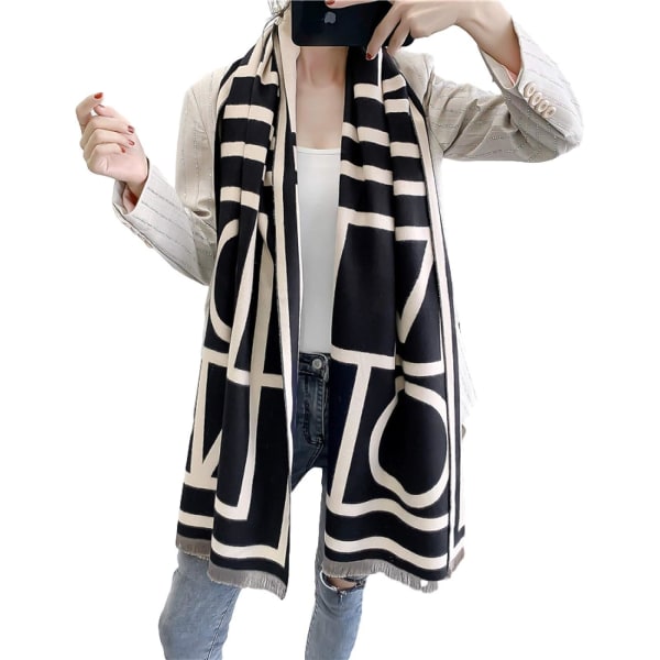 Women's Printed Fashion Warm Scarf Shawl Wrapped with Tassels Winter Thick Blanket Poncho Jacket MO-Black