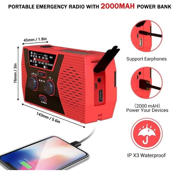 4000MAH LORDABLE RADIRE RADIRE RADILE SOLRADIO RADIO/CRANVELLE/AM/FM VEVRADIO Radio Batteri Nödladdare Dynamo LAMPA SOS ALARM POLLETHER POLLETHE