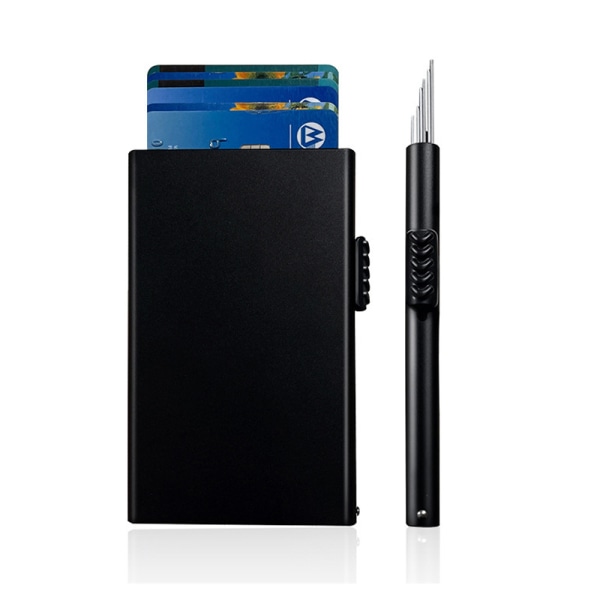 (Black) Bank Card Holder for Men - Aluminum Credit Card Holder - RFID Blocking - Pop Up Card Holder - Single Slim Card Slot