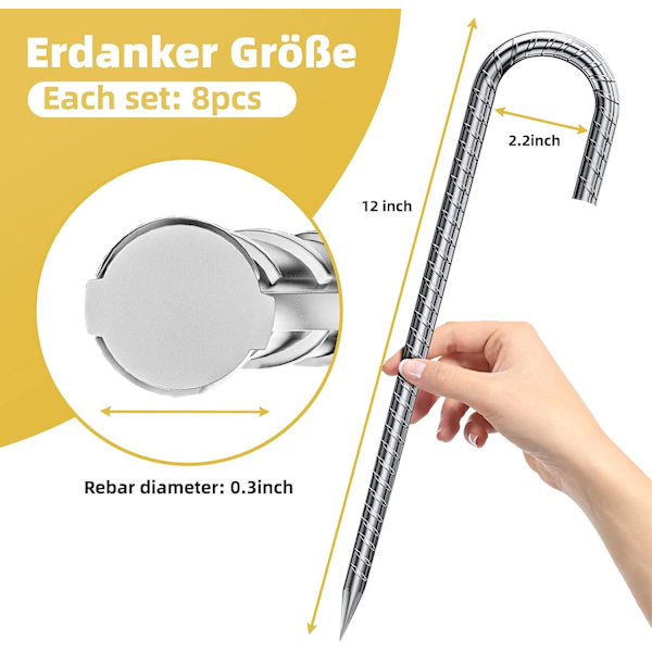 4-pack markankare, galvaniserade ståltältpinnar, häftklamrar med J-krokar, kraftiga stålmärkankare för 12\" studsmattor.