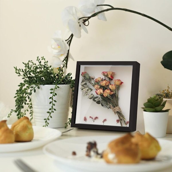 2 stk. dyb 3D ramme 20x20 cm, til vægophæng kontor tørrede blomster håndværk (sort)