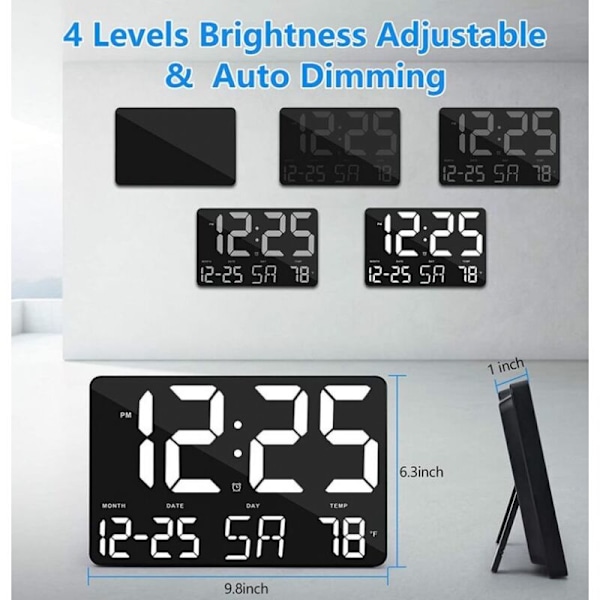 Digital klokke, digital veggklokke med en stor 30 cm LED-skjerm, justerbar lysstyrke, med dag og dato, innetemperatur, slumrefunksjon, 12/