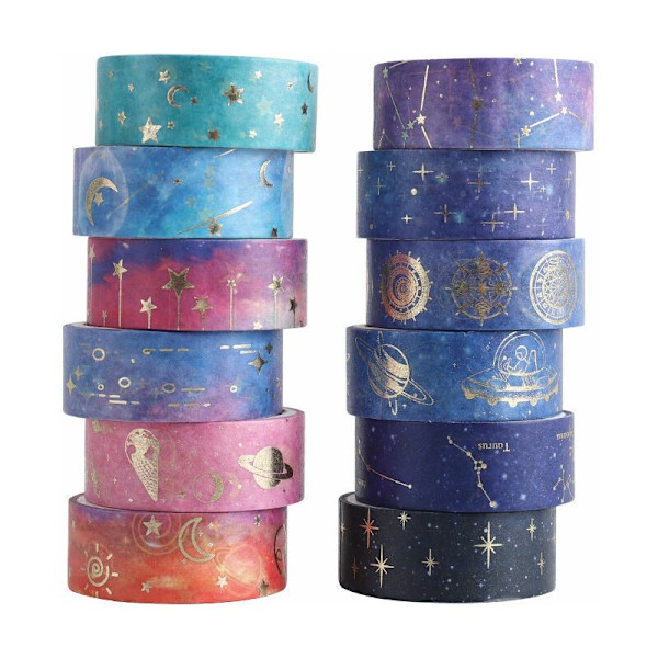 12 Washi-tejprullar, Triumph Sky Starry Standard Dekorativ Papper Självhäftande Maskeringstejp Maskeringstejp Självhäftande Prova Masque Masque Washi Dekorativt Band