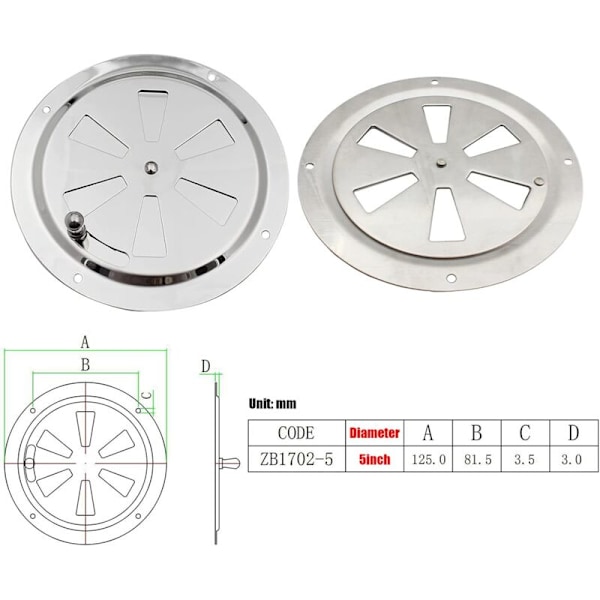 Rund ventilationsgaller, justerbar ventilationsöppning, luftintag och -utsläpp i rostfritt stål