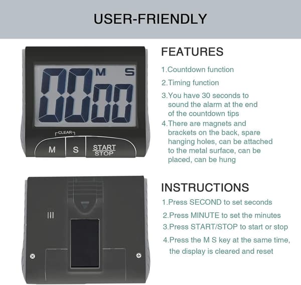 Digital timer (svart, batterier ingår ej), nedräkningstimer med stor skärm, multifunktionskökstimer med högljudd LCD-display, liten bärbar