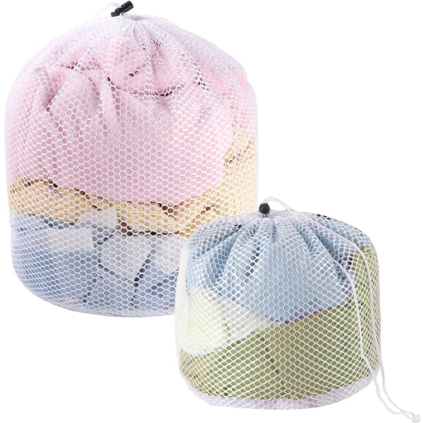 2-pakning tykk mesh klesvaskpose med snøring for vaskemaskin, egnet for undertøy, sko, frakker (30 x 40 cm, 50 x 60 cm)