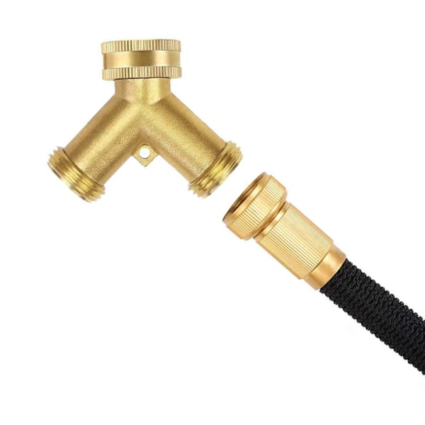 Solid messing Y-fordeler for hageslange, messingkranfordeler, 3/4 tommers messing slangekoblingsadapter stengeventil, slangekontakt adapter 2 ventiler, plugg