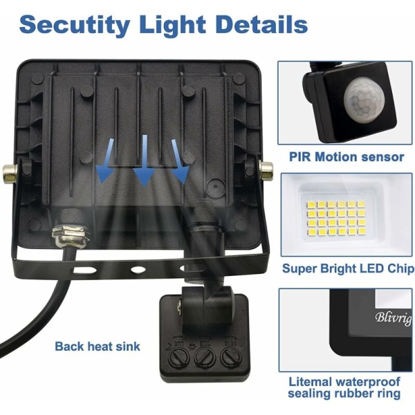 30W LED Bevægelsessensor Flomlys, IP66 Vandtæt Kraftig Udendørs LED Spotlys, Koldt Hvidt (6500K) Udendørs LED Belysning til Have Terrasse Garage