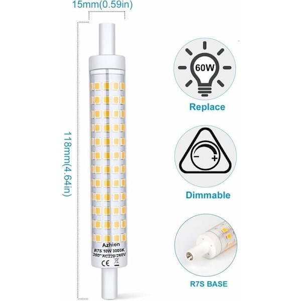R7S LED 118 mm med variabel intensitet 10 W, glödlampa R7s 118 mm varmvit 3000 k, 360 grader, linjär sockel, flimmerfri, 2-pack [energiklass A ++]