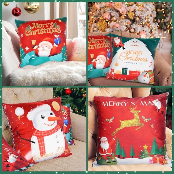 4 stk. røde juleputetrekk, 45x45 cm Santa Claus Putepute, juleputetrekk i fløyel, juleputer med juledekor