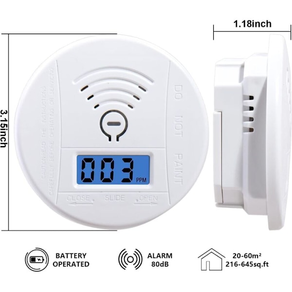 Kolmonoxiddetektor, kolmonoxidlarmdetektor med digital och LED-display, utbytbart batteri, larmenhet för köket och badrummet