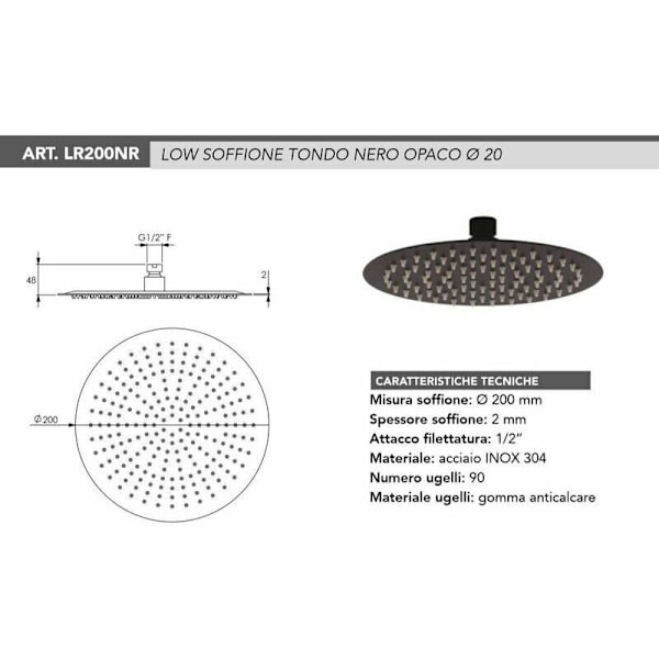 Mat sort rund bruser billig - Ø 200 mm - mat sort
