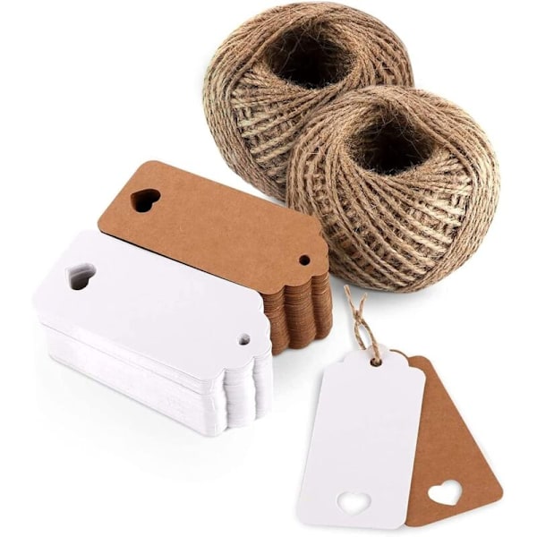 100 kraftpapiretiketter med jute 30m for bryllupsgaver, jul, fest, dekorasjon