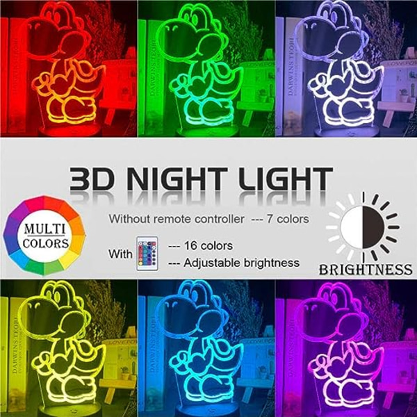 3D natlampe Touch switch skrivebordslampe (3D Mario natlampe), 7 farveskiftende lys, med akrylplade, ABS-base og USB-kabel