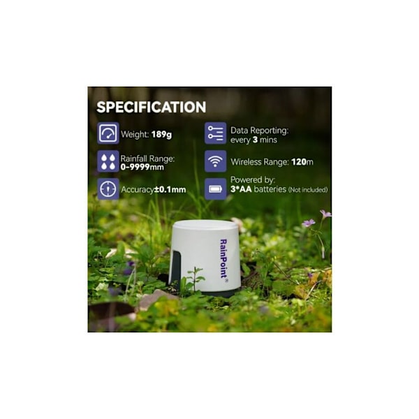 RAINPOINT - Trådlös Wi-Fi Digital Regnmätare för Exakt Regnmätning via Smart Gateway Hub (Inkluderad) - Endast 2,4 GHz Wi-Fi