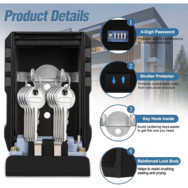 Nøgleboks, stor udendørs sikker nøgleboks med 4-cifret kode, vandtæt vægmonteret nøgleboks, robust digital udendørs nøgleboks til hjem, skole, garage