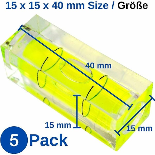 Vaterpas i libelle, sæt med 5, 15 x 15 x 40 mm, præcisionslibelle med luftboble, mini vaterpas til kameraer, campingplads og campingvogne, libelle