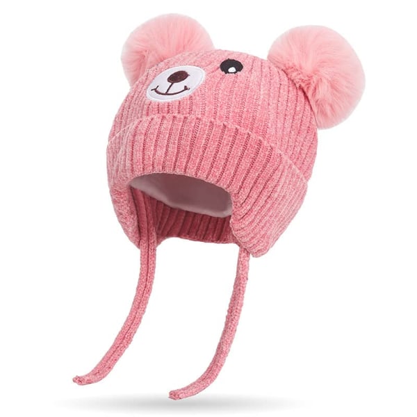 Söpö Bear Kids Talvifleecevuorattu neulottu hattu korvaläpäillä Double Pom Pom Beanie Kylmän sään lämmin hattu 1-5-vuotiaille (vaaleanpunainen)