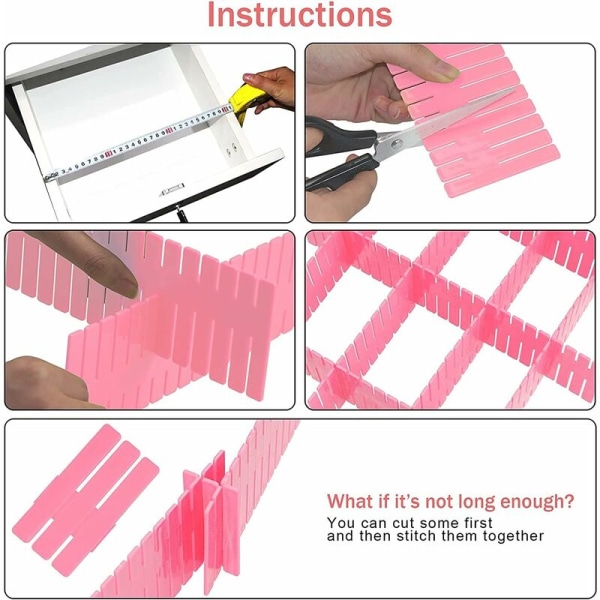 Skuffeskillerum, Justerbar Gitter Skuffeskillerum, DIY Skuffe Organizer Velegnet til Undertøj/Sokker/Kontorartikler/Kosmetisk Opbevaringshylde (Pink, 12 Pi