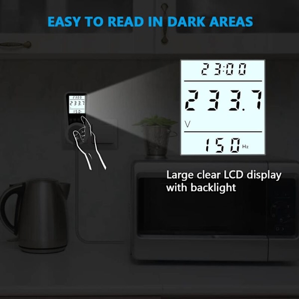 Sähkönkulutusmittari, wattimittari 3680W max sähkömittari LCD-näytöllä, kulutusmonitori voltti ampeeri watti kWh, 7 valvontatilaa (ei