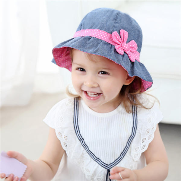 2 stk. Denim Solhat til Piger til Babyer og Børn med Polka Prik Bånd og Magenta Blomst Fersken Hat Forår Sommerhatte