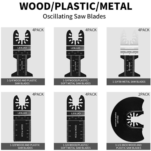 24 stycken oscillerande blad, oscillerande träplast universal metall multifunktionsverktyg tillbehörssats inklusive förvaringsväska, lämplig för Dew