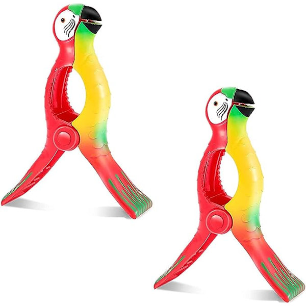 Strandhandduksklammer (2 papegojor), 2 stora tvättklämmor, tvättlinjeklämmor, solstol papegoja strandhandduksklammer, solstol, simbassängstol, l