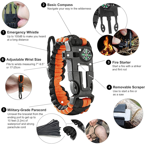 Paracord-rannekoru, jossa on kova pilli, hätäkompassi, selviytymistulen sytytin, kaavin ja tarvikkeet patikointiin, leirintään, kalastukseen ja metsästykseen (1 pakkaus)