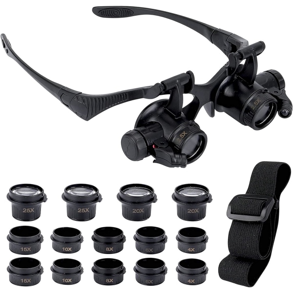 Lupp för klockreparation, huvudmonterad lupp, 8 avtagbara linser, 2 LED-lampor, handsfree-luppglasögon för läsning, smyckeslupp (2,5X
