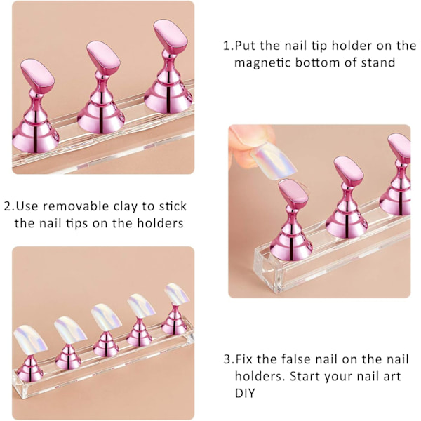 (Rosa) 2 st akryl nagel display set fingertopp övningsställ magnetisk nagel övningsställ DIY falska naglar konst nagelkonst