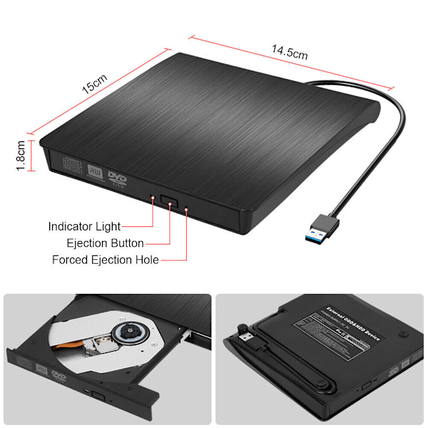 USB3.0/TYPE-C kaksoisliitäntä ulkoinen optinen asema lokeromainen tallennin mobiili DVD-soitin musta
