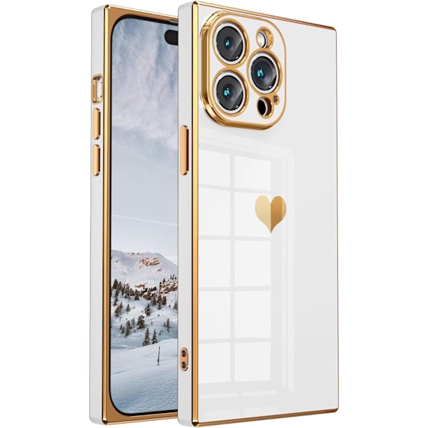 Firkant iPhone 15 Pro Max-deksel med full kamerabeskyttelse, søtt hjertemønster og galvaniserte forsterkede hjørner, støtsikker kantbufferdeksel