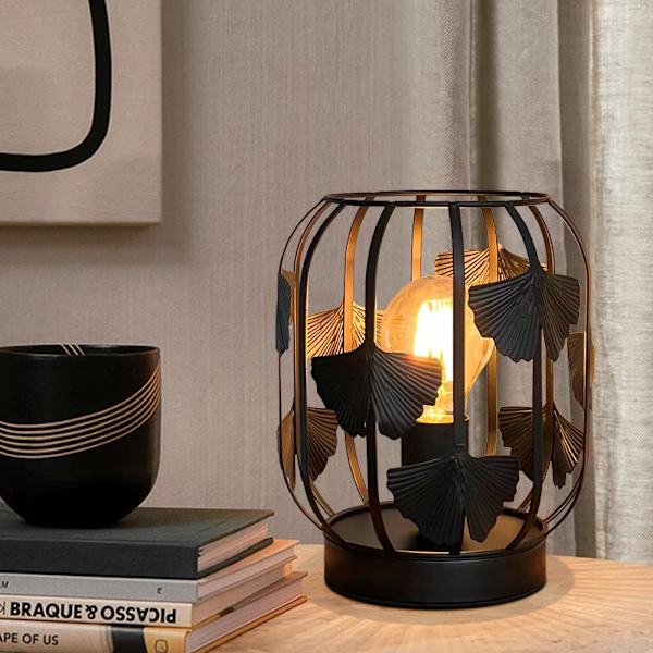 Metallbordlampe med ginkgobladmønster for soverom, stue, nattbord, kontor, hjem (svart)