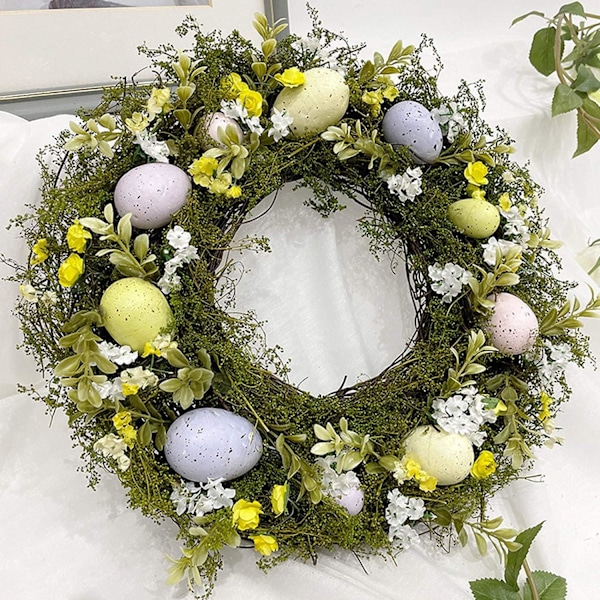 (Grønn) 15,75\" påskeegghjørnekrans for påske, høytider, fester, veggdekor Rattan vårkrans med blandede blomster, grener og rosa egg.