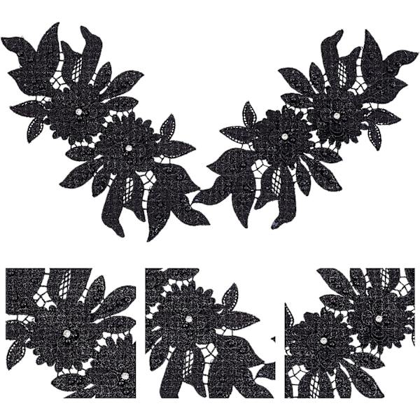 2 stk. 3D blonder applikationspatches, sort sy på broderi blonder blomster patches blomstermønster perler rhinestones blonder trim stofperle applikationer til syning