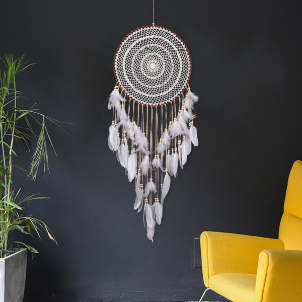 Stor Boho Drömfångare Vit Fjäder och Pärlor Vägg Hängande Vintage Bröllop Hem Dekorationer 40cm Cirkel 110cm Lång
