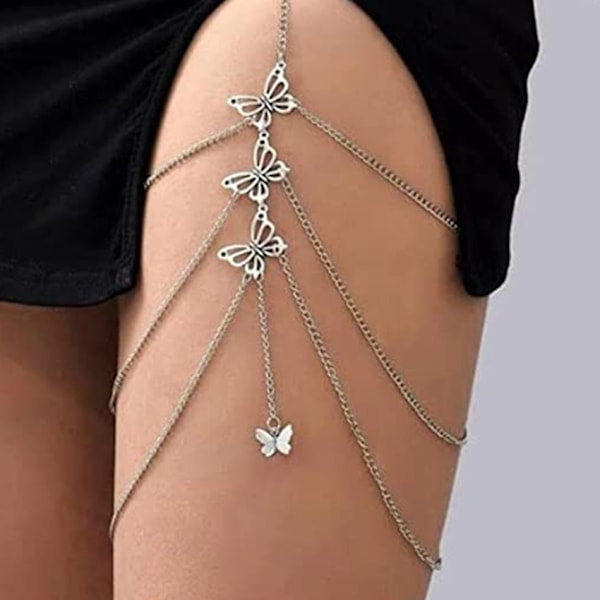 Bohemian Butterfly Body Chain Gold Leg Chains Disco Lårkjeder Elastiske Smykker for Kvinner og Jenter