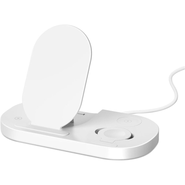3 i 1 Sammenleggbar Trådløs Ladekabel, Hurtigladestasjon Berøringskontroll LED-indikator Display for Smarttelefon Klokke Knapper - Hvit