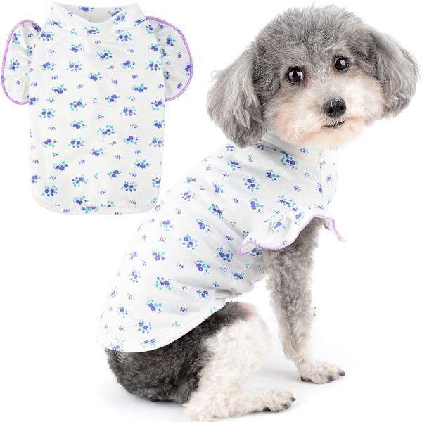 Lille hundepige trykt hundetrøje med flæseærmer, sommerhvalpetøj blødt åndbart basis-t-shirt, sød stil hundevest, lilla, S