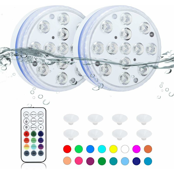 Vandtætte LED-lys til nedsænkning, vandtætte LED-pool-lys med fjernbetjening (RF), 16 farver, RGB LED-lys til akvarium, swimmingpool og festdekoration