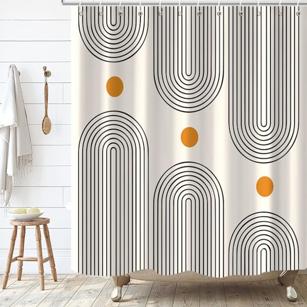 Bohemian MidCentury -suihkuverho, yksinkertainen abstrakti kaari Yksinkertainen aurinko Moderni beige Konepestävä Vedenpitävä kangas Kylpyhuoneen sisustus Amme 12 hupulla