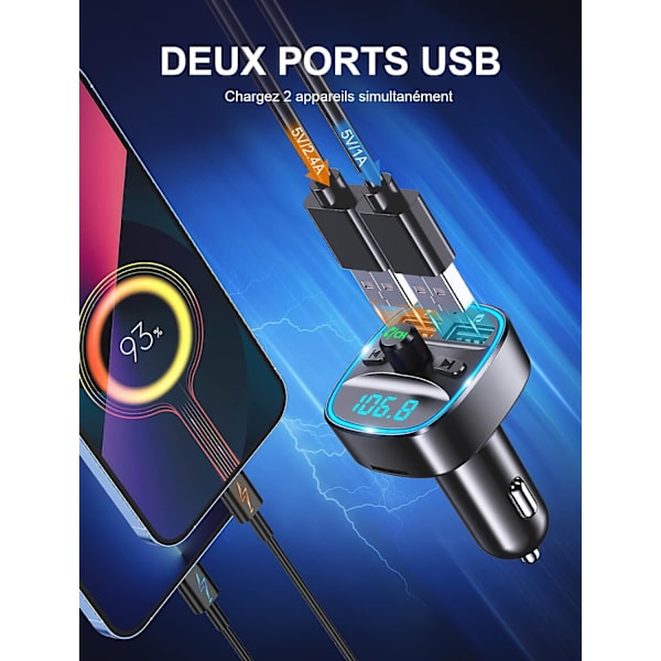 Bluetooth-auto, FM-lähetin Bluetooth 5.0 Langaton MP3-soitin Radioadapteri, Handsfree-puhelut, Kaksi USB-porttia 5V/2.4A  1A, Autonlaturi Sup