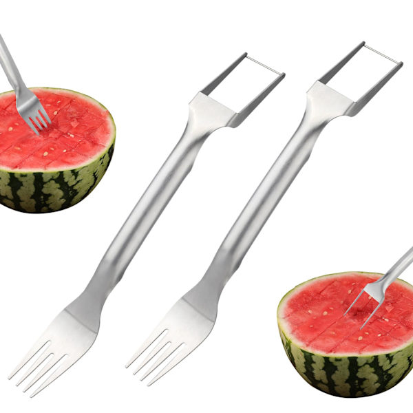 2 stk. Vandmelon Skæresæt Gaffel, Rustfrit Stål Vandmelon Skæresæt Cutter Sommer 2-i-1 Vandmelon Gaffel Skæresæt Frugt Skæresæt Gaffel Værktøj