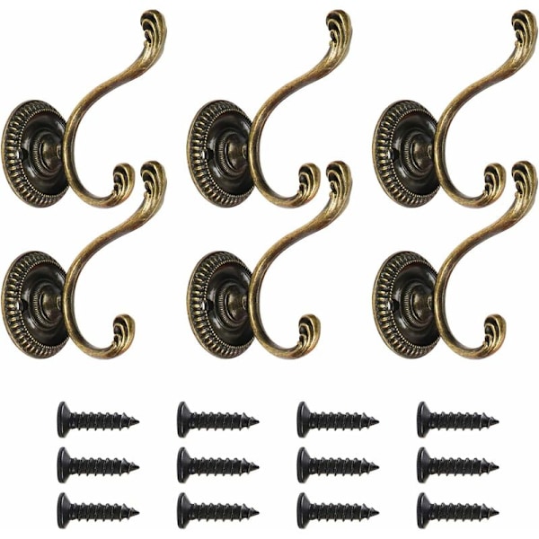 Sæt med 6 vintage dobbelte knager, robuste vægkroge, kroge til tøj, hovedkammer kroge, dekorative dørkroge med badeværelseskøkkenskruer, bronze